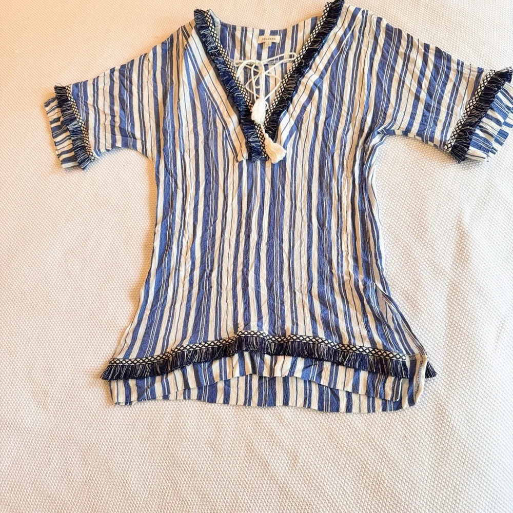 VELZERA Boho Blue & White Striped Mini Dress w Fringe Trim or Swim Coverup